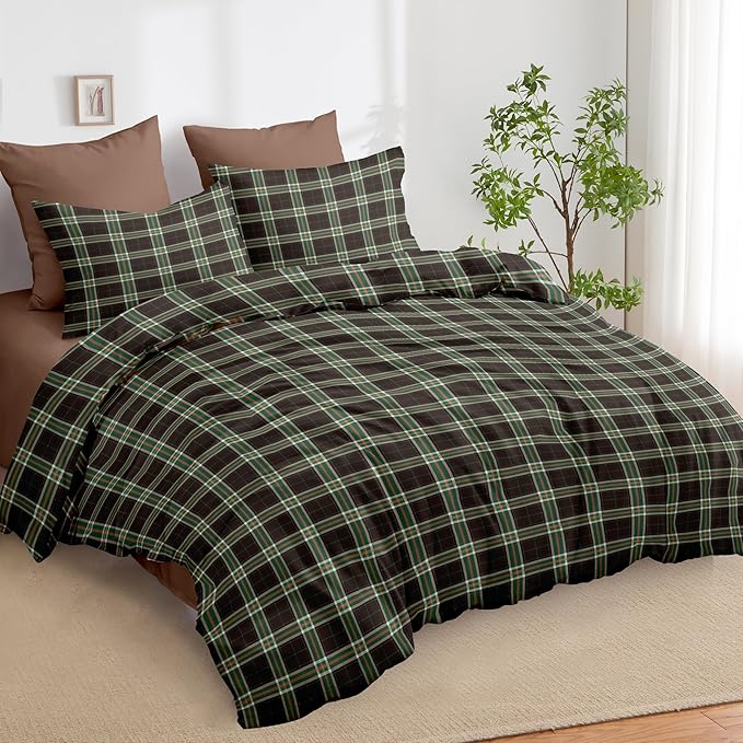 Nayoroom Plaid Comforter Set Queen Size Vintage Green Brown Gingham Checkered Tartan Comforter 3 Pieces Soft Lightweight Farmhouse Dorm Bedding Set for All Seasons