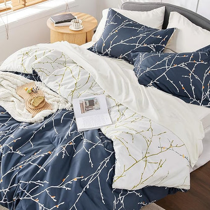 Bedsure Twin Comforter Set - 5 Pieces Floral Navy Blue Bed Set, Tree Branch Pattern Printed Bed in a Bag Twin with Comforter, Sheets, Pillowcase & Sham