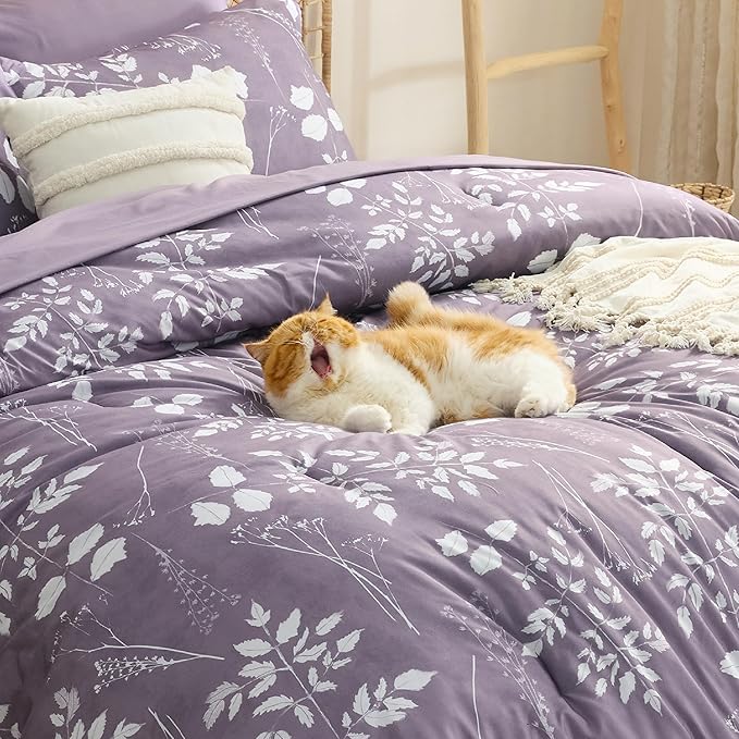 Bedsure Grayish Purple Twin Comforter Set - 5 Pieces Floral Bedding Sets Twin Bed in a Bag with Reversible Botanical Flowers Comforter, Sheets, Pillowcase & Sham