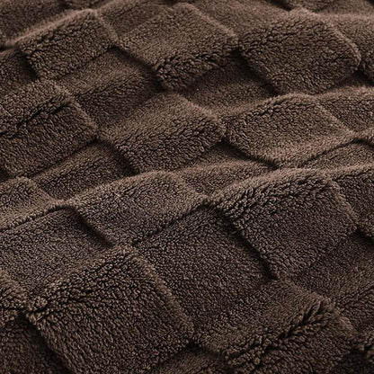 Litanika Fluffy Queen Size Comforter Set Brown, 3 Pieces Warm Sherpa Fleece Winter Bedding Set, Jacquard Checkered Plush Fuzzy Bed Set(1 Comforter, 2 Pillowcases)