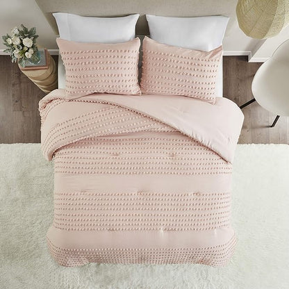 Comfort Spaces Cotton Comforter Set Jacquard Pom-Pom Tufts Design, Down Alternative, All Season Modern Bedding, Matching Shams, Twin/Twin XL, Phillips, Blush