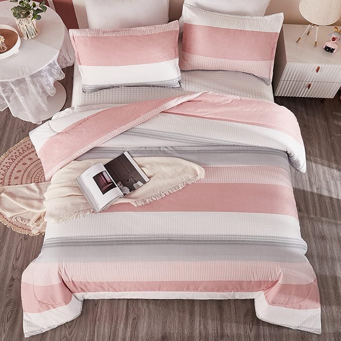Litanika Pink Full Size Comforter Sets for Girls, 3 Pieces Blush White Colorblock Women Lightweight Bedding Comforter Set