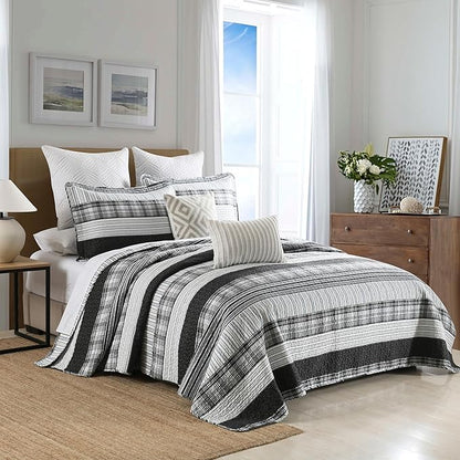 Homzard California King Comforter Set - 100% Cotton Bedding Comforter Set,Black Plaid Striped Oversized King Quilt, Black White Grey Farmhouse Bedspread (118 * 106 Inch) with 2 Pillow Shams,3 Pieces | Breathable, Lightweight, Reversible, All Season
