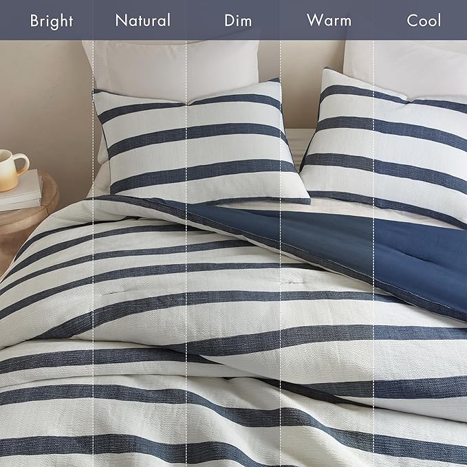 Madison Park Essentials Striped Comforter Set King Size, Yarn-Dyed Reversible Comforter with Minimalist Stripes, Crinkled Texture Bedding Set for All-Season Lightweight Warmth, Merritt Blue