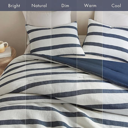 Madison Park Essentials Striped Comforter Set King Size, Yarn-Dyed Reversible Comforter with Minimalist Stripes, Crinkled Texture Bedding Set for All-Season Lightweight Warmth, Merritt Blue