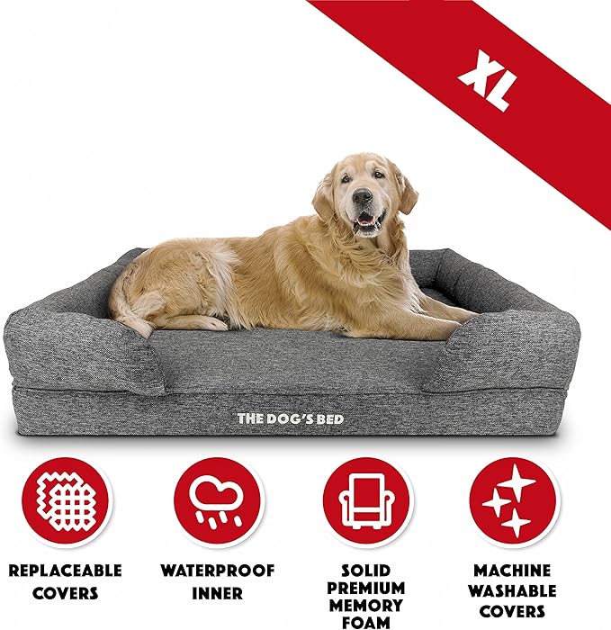 The Dog’s Bed Orthopedic Memory Foam Dog Bed with Bolsters, Linen Fabric, Grey Linen, XL
