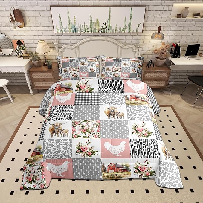 Farmhouse Barn Comforter Set Twin Size,Chicken Highland Cow Flowers Grid Bedding Set for Kids Boys Men,Rustic Pink Patchwork Geometric Quilted Duvet Set with 1 Pillowcase