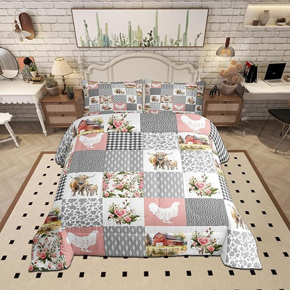 Farmhouse Barn Comforter Set Twin Size,Chicken Highland Cow Flowers Grid Bedding Set for Kids Boys Men,Rustic Pink Patchwork Geometric Quilted Duvet Set with 1 Pillowcase