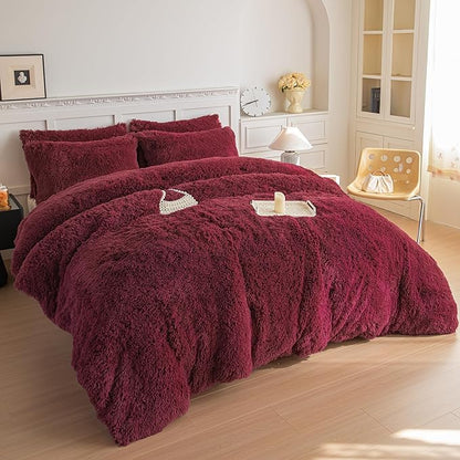 chovy Faux Fur Plush Wine Red Comforter Sets Queen - Ultra Soft Shaggy Flannel Velvet Fluffy Fuzzy 3PC Bedding Set (Comforter x 1 Pillowcases x 2)