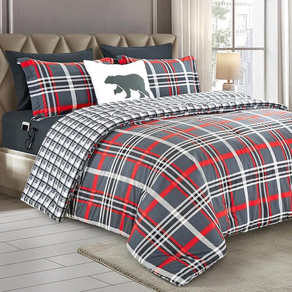 Elegant Comfort 8-Piece Lodge Plaid Reversible Comforter Set - All Season Bed in a Bag, 4-Piece Sheet Set Featuring Smart Pockets, Matching Shams and Decorative Pillow, King/California King, Gray