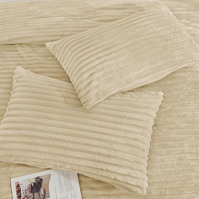 Andency Fleece Queen Comforter Set, 3 Pieces Beige Comforter Set for Queen Size Bed, Soft Warm Cream Fluffy Fuzzy Luxury Bedding Set for Winter (1 Comforter & 2 Pillowcases)