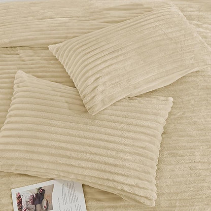 Andency Fleece Queen Comforter Set, 3 Pieces Beige Comforter Set for Queen Size Bed, Soft Warm Cream Fluffy Fuzzy Luxury Bedding Set for Winter (1 Comforter & 2 Pillowcases)