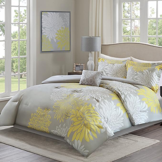 Comfort Spaces Enya Comforter Set-Modern Floral Design All Season Down Alternative Bedding, Matching Shams, Bedskirt, Decorative Pillows, King(104"x90"), Yellow