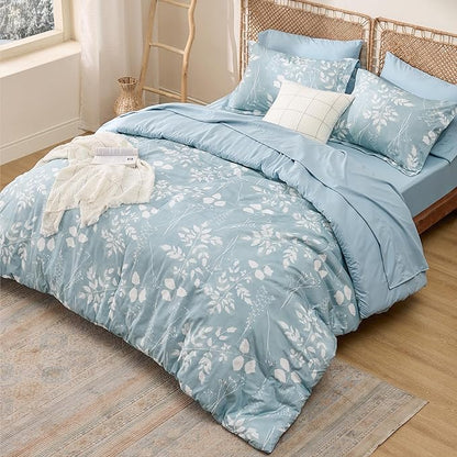 Bedsure Sky Blue Twin Comforter Set - 5 Pieces Floral Bedding Sets, Twin Bed in a Bag with Reversible Botanical Flowers Comforter, Sheets, Pillowcase & Sham