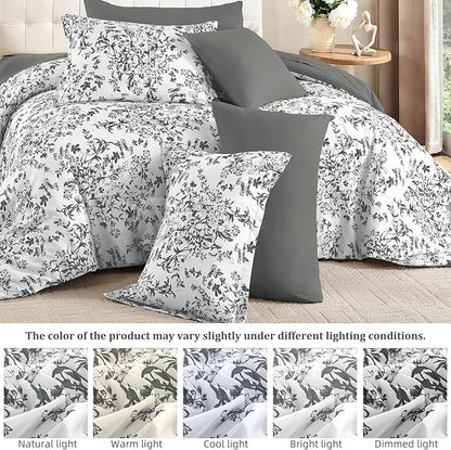 WONGS BEDDING Queen Size Comforter Set, 8 Pieces Grey Floral Bed in a Bag Comferter Sets, Botanical Print Soft Fluffy Microfiber Complete Bedding Sets for All Season (90"x90")