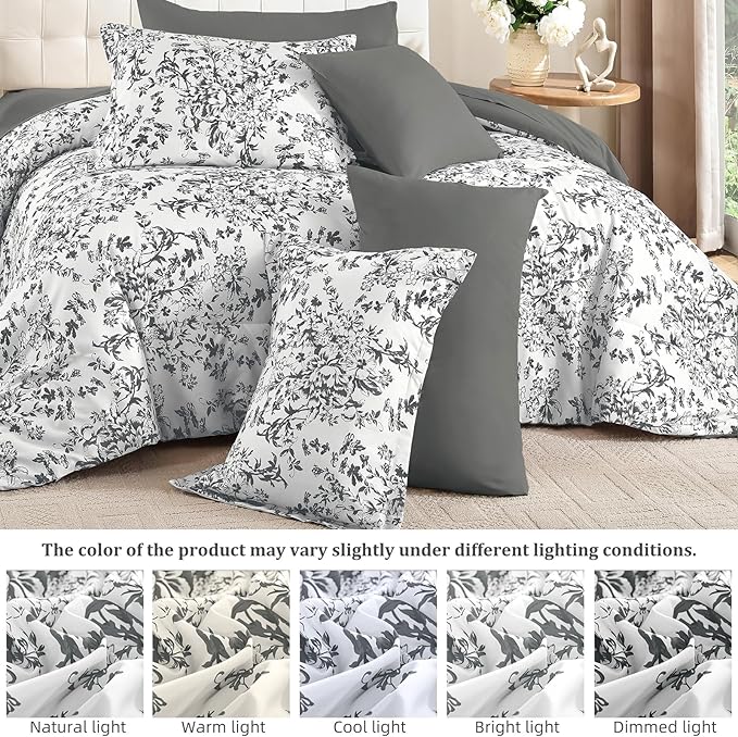 WONGS BEDDING King Size Comforter Set, 8 Pieces Grey Floral Bed in a Bag Comforter Sets, Botanical Print Soft Fluffy Microfiber Complete Bedding Sets for All Season (90"x104")