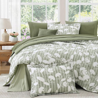 King Comforter Set -7 Pieces Sage Green Floral Comforter Set for All Seasons, Bed in a Bag King with Botanical Flowers Comforter, Sheets, Pillowcases & Shams