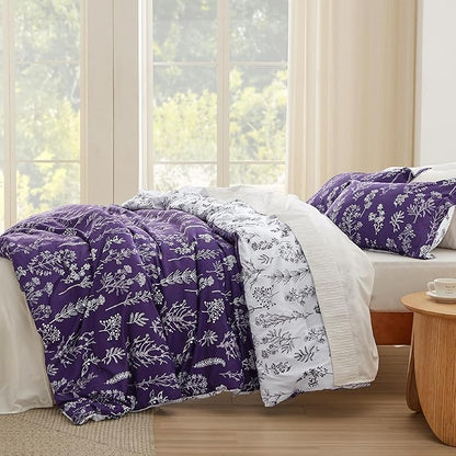 Bedsure Queen Comforter Set - Dark Purple Bed Set, 3 Pieces Cute Floral Bedding, 1 Soft Reversible Botanical Flowers Comforter and 2 Pillow Shams