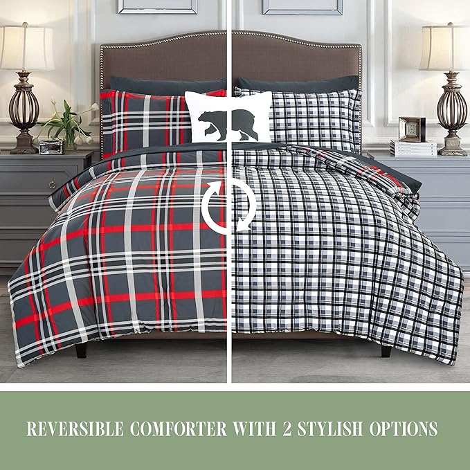 Elegant Comfort 8-Piece Lodge Plaid Reversible Comforter Set - All Season Bed in a Bag, 4-Piece Sheet Set Featuring Smart Pockets, Matching Shams and Decorative Pillow, King/California King, Gray