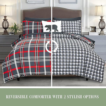 Elegant Comfort 8-Piece Lodge Plaid Reversible Comforter Set - All Season Bed in a Bag, 4-Piece Sheet Set Featuring Smart Pockets, Matching Shams and Decorative Pillow, King/California King, Gray