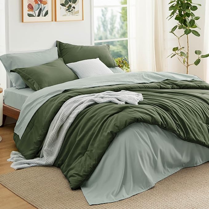 Bedsure King Size Comforter Set - 7 Pieces Olive Green King Bedding Set for All Seasons, Boho Contrasting Design Bed in a Bag with Comforter, Sheets, Pillowcases & Shams