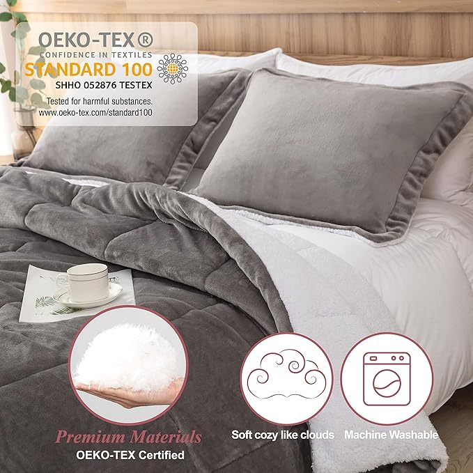Seward Park Grey Sherpa Comforter Set King Size, Soft Fall Winter All Season Down Alternative Bedding Sets 3 Piece (1 Comforter and 2 Pillow Shams)