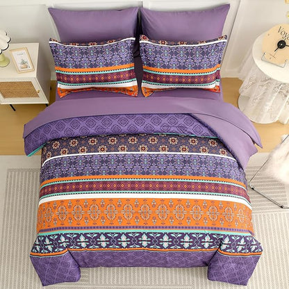 WONGS BEDDING Boho Comforter Set Queen Size,7 Pieces Bohemian Comforter Bedding Set Bed in a Bag,Purple Paisley Floral Comfortet and Sheet Set,Soft Microfiber Striped Bedding Sets for All Season