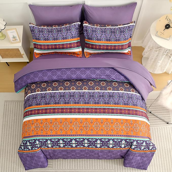 WONGS BEDDING Boho Comforter Set King Size,7 Pieces Bohemian Striped Bedding Comforter Set Bed in a Bag,Purple Paisley Floral Comfortet and Sheet Set,Soft Microfiber Bedding Sets for All Season