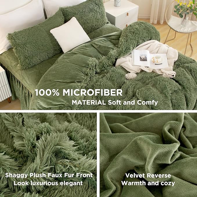 Andency Faux Fur Sage Green Comforter Set King Size, 3 Pieces Fluffy Fuzzy Plush Bedding Comforter Set (1 Shaggy Velvet Comforter & 2 Pillowcases), Soft Puffy Comfy Down Comforter Bedding Set