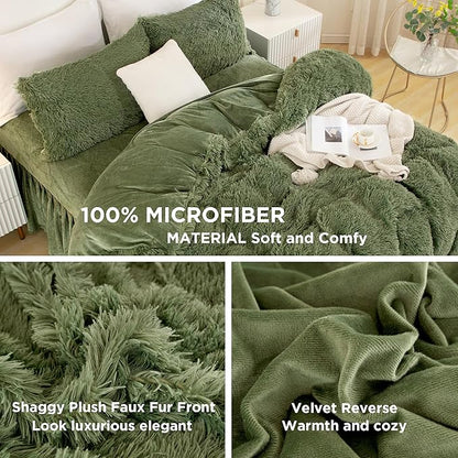Andency Faux Fur Sage Green Comforter Set King Size, 3 Pieces Fluffy Fuzzy Plush Bedding Comforter Set (1 Shaggy Velvet Comforter & 2 Pillowcases), Soft Puffy Comfy Down Comforter Bedding Set