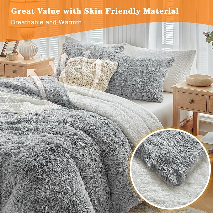 UOZZI BEDDING Gray Faux Fur Comforter Set Twin 3 Pieces - 1 Shaggy Comforter 68x86 and 2 Pillowcases, Ultra Soft and Easy Care Luxury Plush Super Warm Winter Shaggy Duvet Set