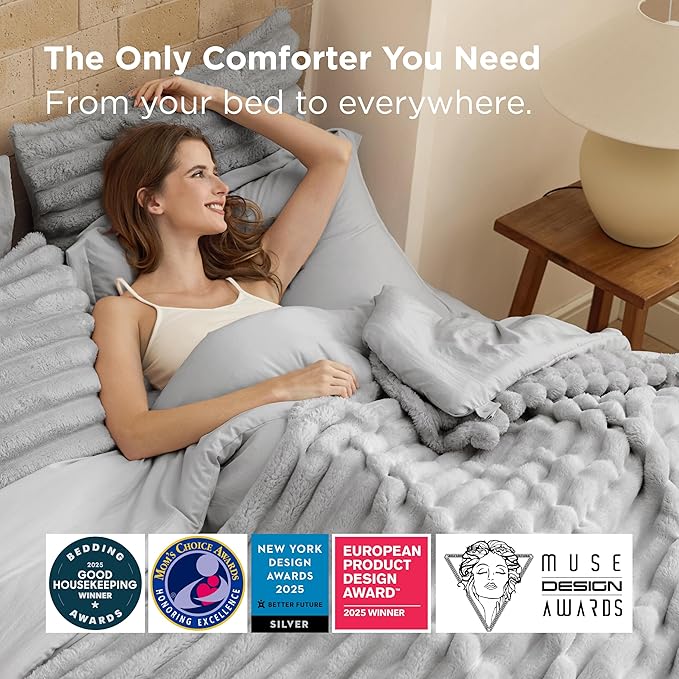 Bedsure Gentlesoft™ 2-in-1 Twin Comforter Set and Detachable Fluffy Blanket, Grey Bedding Set for All Season Use, SnapTech Design for Space Saving (Includes 1 Pillow Sham, 1 Pillowcase)