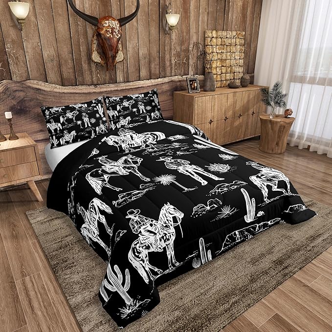 Feelyou Black Western Bedding Set King Size Horse Cowboy Comforter Set for Kids Boys Girls Decor Rustic Decor Wild Western Cowboy Comforter Tribal Duvet Quilt