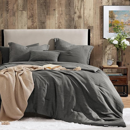 Geniospin Full Comforter Set - 7 Pieces Comforter Full Size, Solid Bedding Sets for All Season, Textured Bed in a Bag with Flat Sheet and Fitted Sheet, Pillowcases and Shams (Grey, 80''x90'')