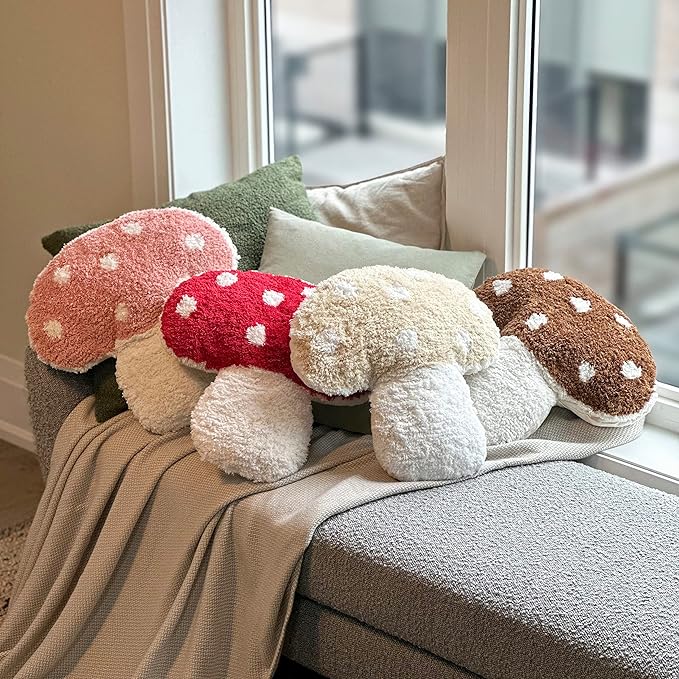 Tufted Mushroom Shape Decorative Cushion - 15' x 15' Mushroom Decor for Bed, Couch, Living Room (Pink)