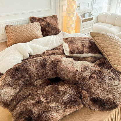 Luxury Faux Fur Shaggy Comforter Set King Size, Plush & Sherpa Reversible Comforter Tie Dye Coffee, 3 Pieces Fluffy Fuzzy Bedding Set Ultra Soft and Warm for Winter (1 Comforter + 2 Pillowcases)