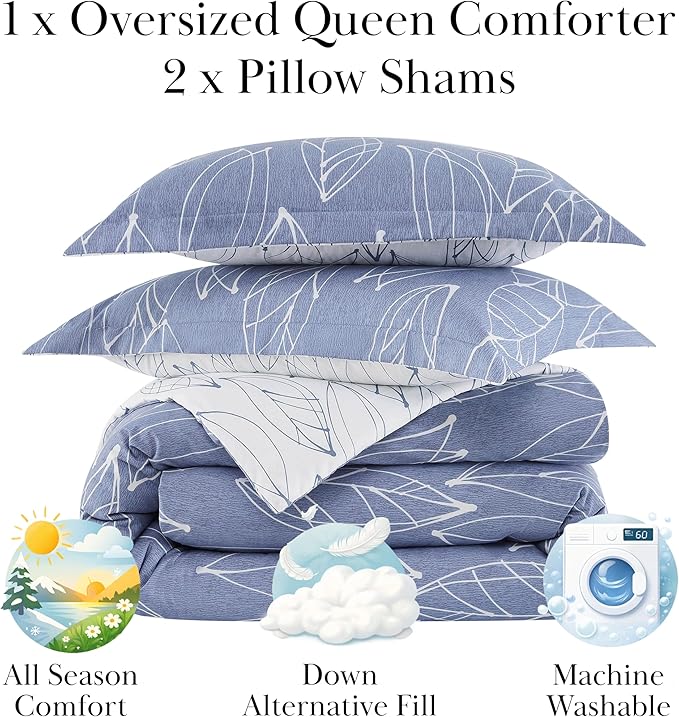 Southshore Fine Living, Inc. Modern Foliage Collection - Full/Queen Bed Comforter Set, Premium Quality, All-Season Down Alternative, Easy Care, Oversized 3-Piece Comforter Set, Full/Queen, Blue