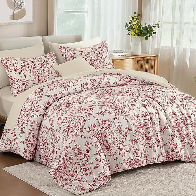WONGS BEDDING Floral Queen Size Comforter Set, 8 Pieces Christmas Red Flower Botanical Comforter for All Seasons, Bed in a Bag Elegant Plants Bedding Sets (90"x90")