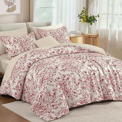 WONGS BEDDING Floral King Size Comforter Set, 8 Pieces Christmas Red Flower Botanical Comforter for All Seasons, Bed in a Bag Elegant Plants Bedding Sets (90"x104")