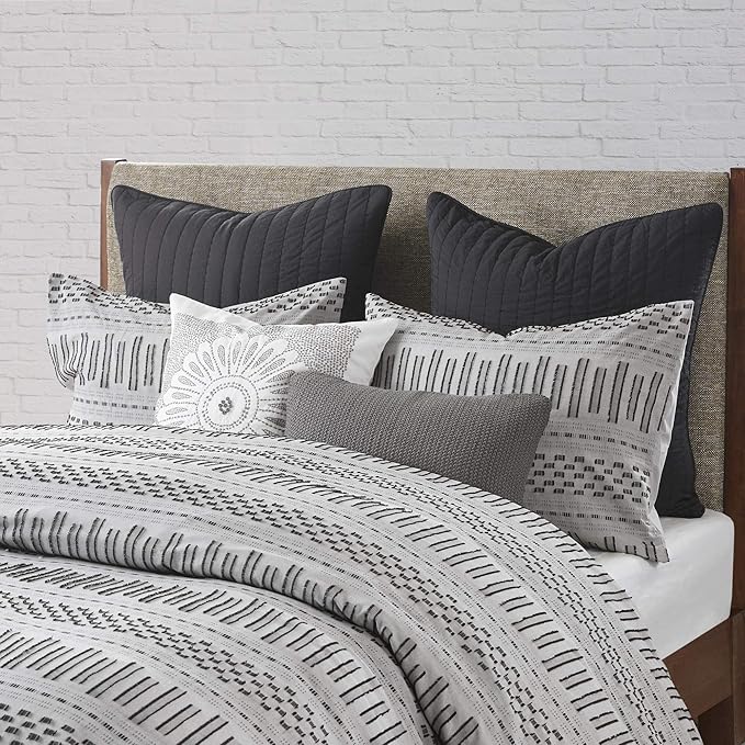 INK+IVY Rhea 100% Cotton Duvet Set Mid Century Modern Boho Design, All Season Comforter Cover Bedding Set, Matching Shams, Full/Queen, Geometric Clipped Jacquard Grey 3 Piece