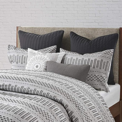 INK+IVY Rhea 100% Cotton Duvet Set Mid Century Modern Boho Design, All Season Comforter Cover Bedding Set, Matching Shams, Full/Queen, Geometric Clipped Jacquard Grey 3 Piece