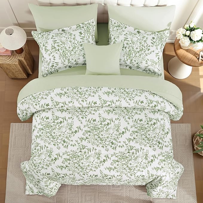 WONGS BEDDING 8 Pieces Full Size Comforter Set Green, Sage Green Floral Bed in a Bag Comforter Sets, Soft Reversible Botanical Flowers Bedding Sets for All Season (78"x90")
