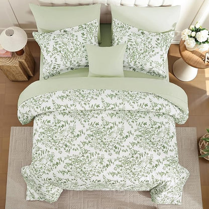 WONGS BEDDING 8 Pieces Full Size Comforter Set Green, Sage Green Floral Bed in a Bag Comforter Sets, Soft Reversible Botanical Flowers Bedding Sets for All Season (78"x90")