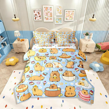 Cartoon Capybara 7 Pieces Bedding Set Twin Size,Kawaii Animals Bed in a Bag,Capybara Lovers Bed Set Includes Comforter,Sheet Set,Pillowcases & Pillow Covers,Yummy Foods Love Hearts Bedroom Decor