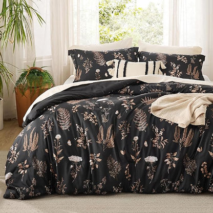Bedsure Comforter Set Queen Size - Floral Bedding Comforter Set, 3 Pieces, 1 Soft Black Comforter and 2 Pillow Shams