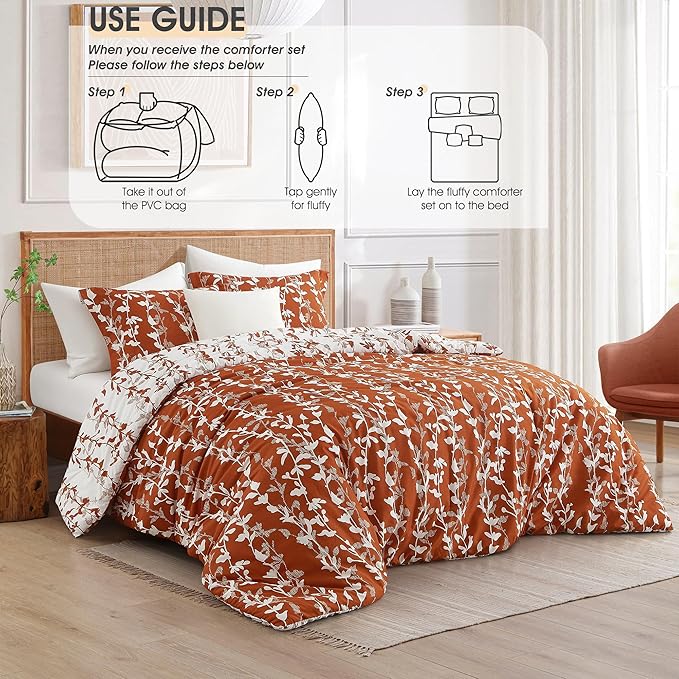 Terracotta Comforter Set, King Size, Vivid Leaves Branch 3 Pieces Bedding Set, Soft Polyester Microfiber Print, All Seasons, 1 Lightweight Comforter and 2 Pillow Shams
