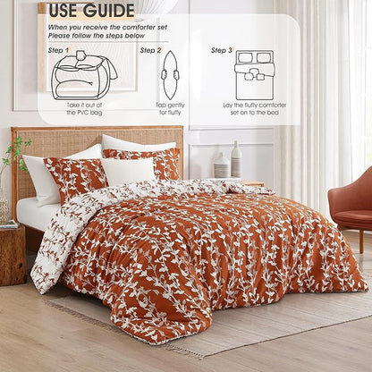 Terracotta Comforter Set, King Size, Vivid Leaves Branch 3 Pieces Bedding Set, Soft Polyester Microfiber Print, All Seasons, 1 Lightweight Comforter and 2 Pillow Shams