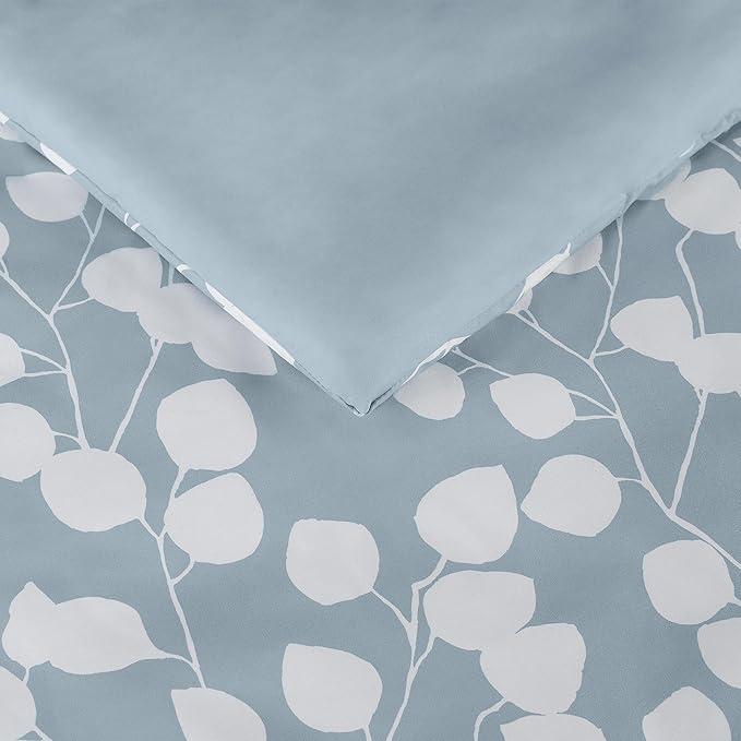 Serta Simply Clean Ellen Soft Modern 3 Piece Botanical Floral Comforter Set with Pillow Case for All Season, King, Light Blue/White