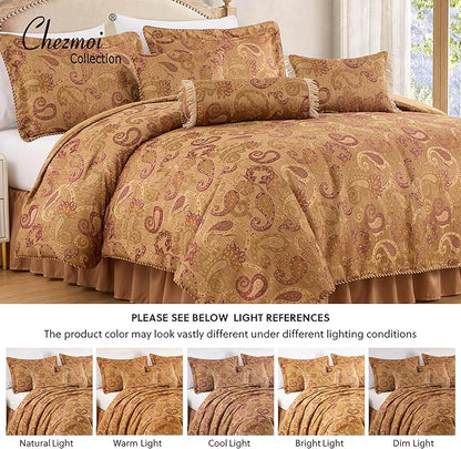 Chezmoi Collection Adelle 7-Piece Paisley Jacquard Embroidered Comforter Bedding Set, Oversized King Size