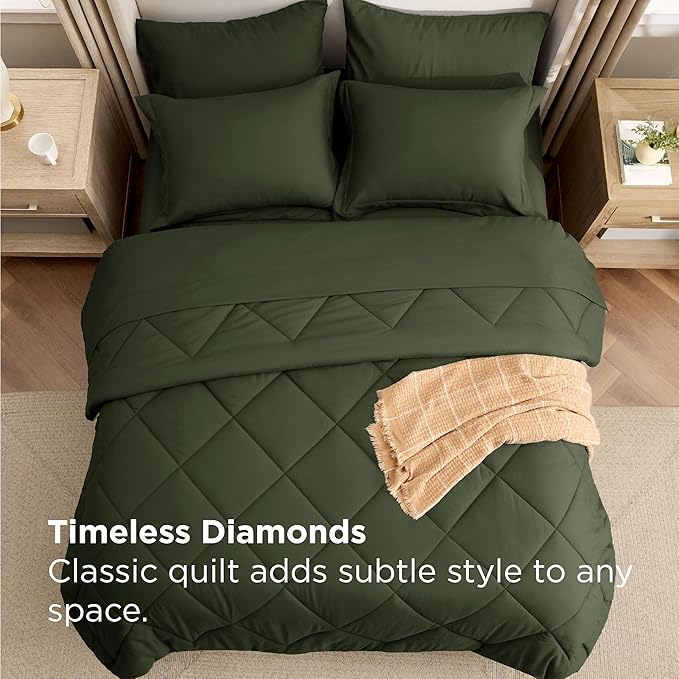 Bedsure 7 Pieces King Comforter Set Premium Series, Hotel Luxury Soft Bed in a Bag, Goose Down Alternative, Safe for Sensitive Skin Bedding Comforter All Season Medium Warmth, Olive Green King Size